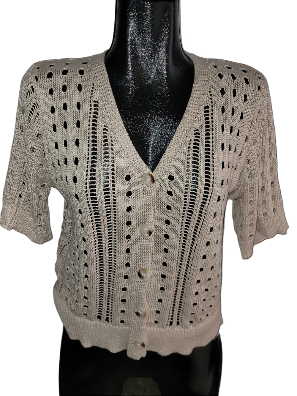 Tan Colored Open-Knit V-Neck Button Up Short Sleeve Sweater Size L